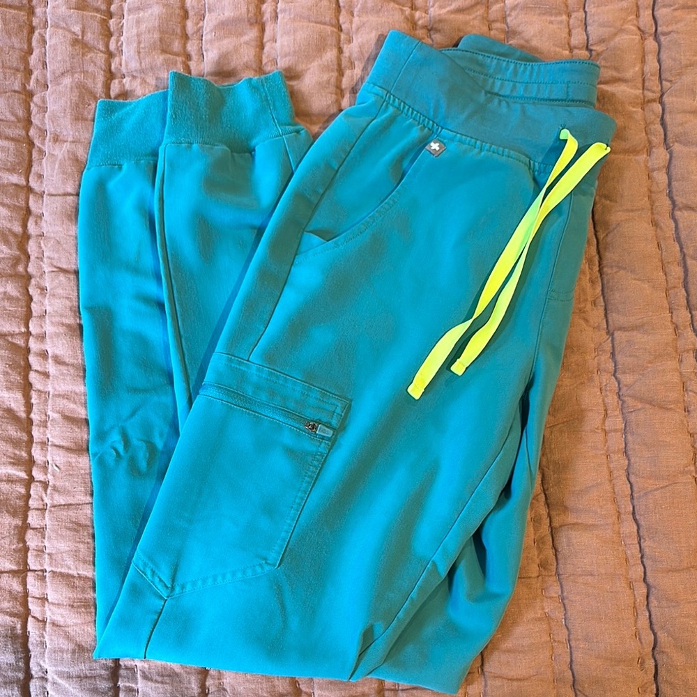Figs Teal Joggers with Neon green Drawstring